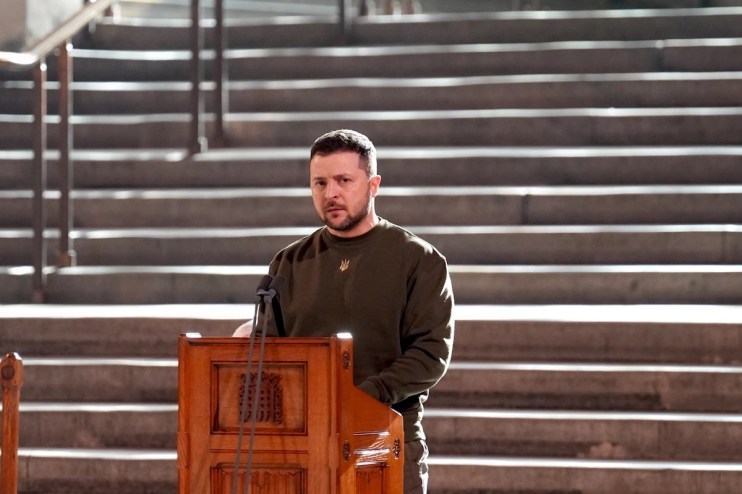 Ukrainian President Volodymyr Zelensky addresses parliamentarians in Westminster Hall, London, during his first visit to the UK since the Russian invasion of Ukraine.