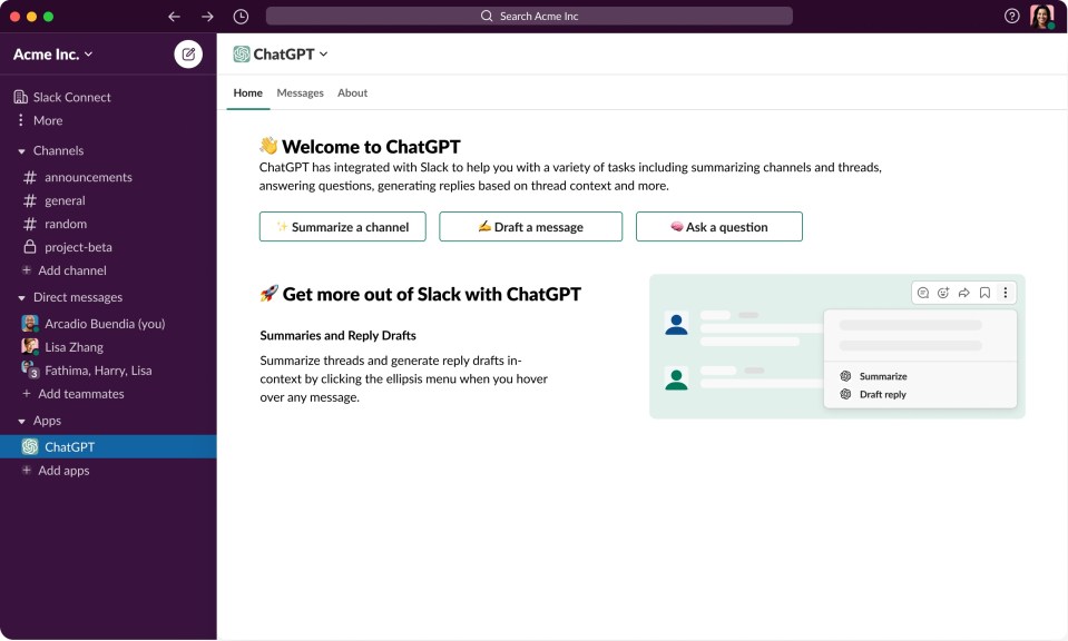 ChatGPT app for Slack