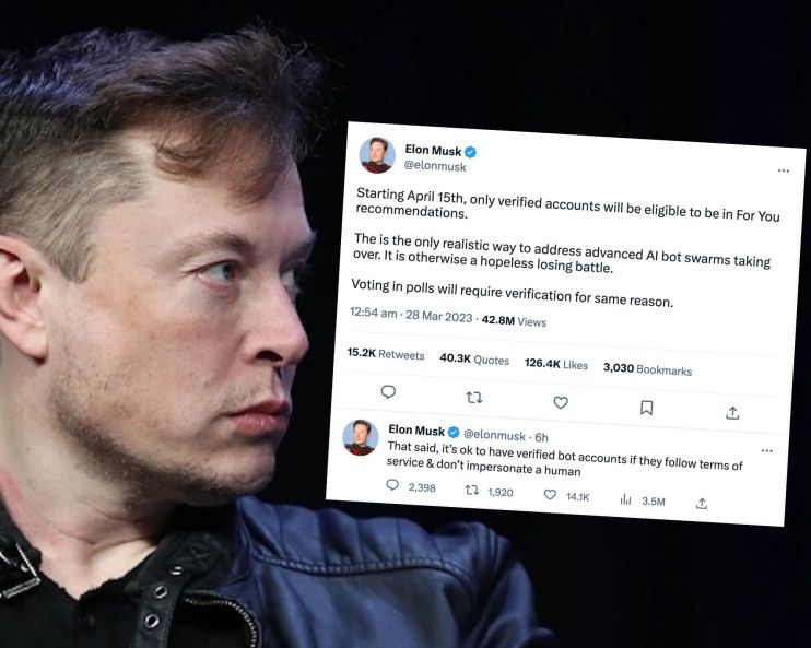 Elon Musk (Photo by Win McNamee/Getty Images) and his tweet explaining what features will be removed
