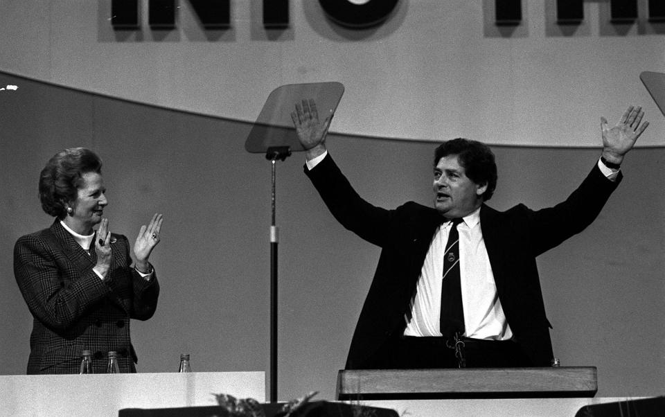 Nigel Lawson, applauded by Prime Minister Margaret Thatcher, at the end of his speech during the Conservative Party's annual conference in Brighton.