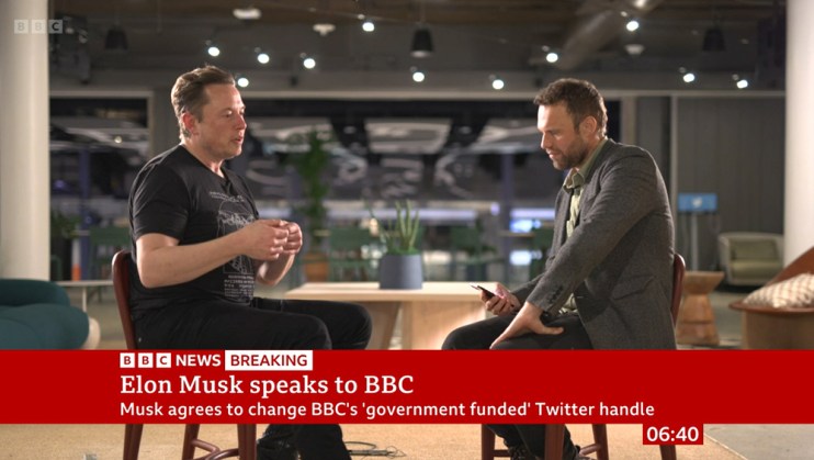 TV OUT. ALL BROADCAST WEBSITES OUT. No cropping permitted. Picture must be credited to BBC News. We are advised that videograbs should not be used more than 48 hours after the time of original transmission, without the consent of the copyright holder. For use in UK, Ireland or Benelux countries only. Screen grab taken from BBC News of Twitter owner Elon Musk during an interview with James Clayton (right) for the BBC Breakfast show. Mr Musk has said the social media site will update the BBC's "government-funded media" tag after the broadcaster objected to the label. The BBC contacted Twitter last week after the designation was attached to the main @BBC account.
