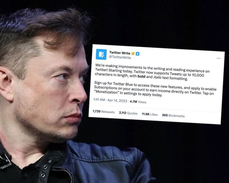 Elon Musk (Getty) and the Tweet about longer-form coming to Twitter