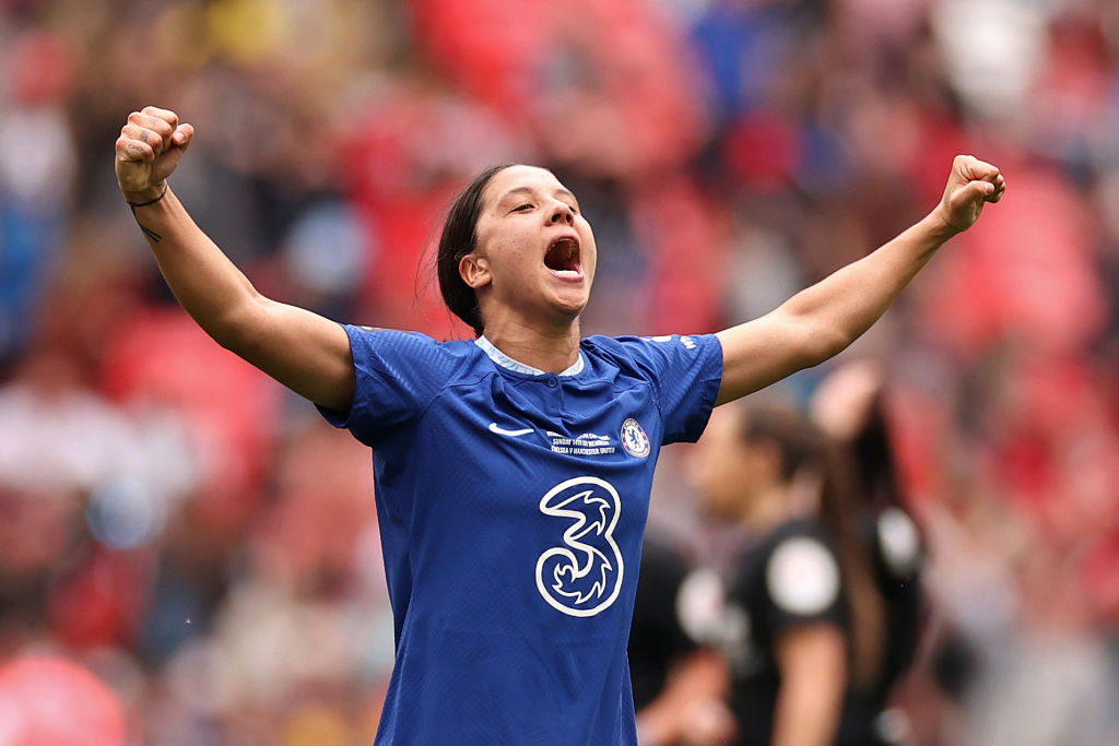 Sam Kerr scored the decisive goal as Chelsea beat Manchester United 1-0 at Wembley Stadium to win the Women&rsquo;s FA Cup &ndash; their third in succession.