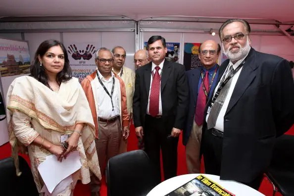 (L-R) Director, India International Film Festival Neelam Kapur, Srichand P. Hinduja, P.P. Hinduja, Amit Khanna, Uday Varma, L. Suresh and Jag Mundhra attend the India Pavilion Press Conference showcasing the Indian Film & Entertainment Community and the International Film Festival of India (IFFI, Goa) during the 61st Cannes International Film Festival on May 15, 2008 in Cannes, France. (Photo by John Shearer/Getty Images)