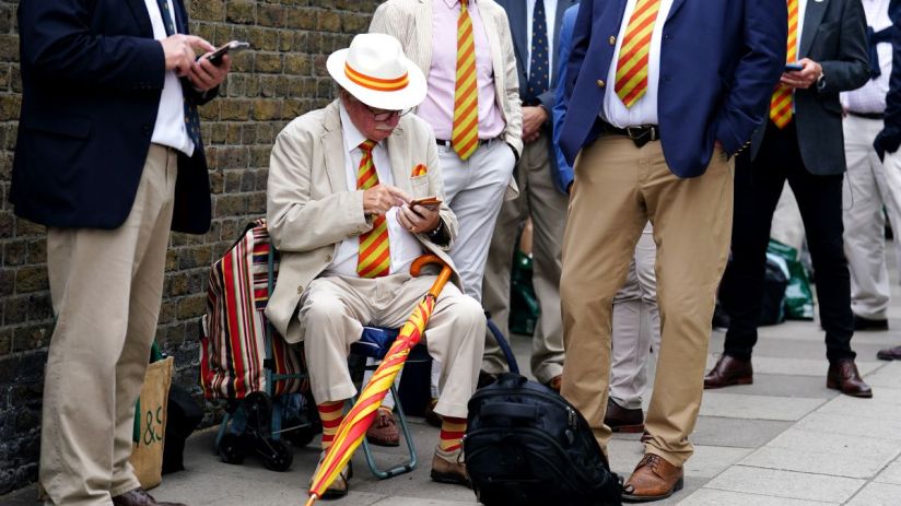 MCC members queue ahead of during day one of the second Ashes test match at Lord's, London. Picture date: Wednesday June 28, 2023. PA Photo. See PA Story CRICKET England. Photo credit should read: Mike Egerton/PA Wire. RESTRICTIONS: Editorial use only. No commercial use without prior written consent of the ECB. Still image use only. No moving images to emulate broadcast. No removing or obscuring of sponsor logos.