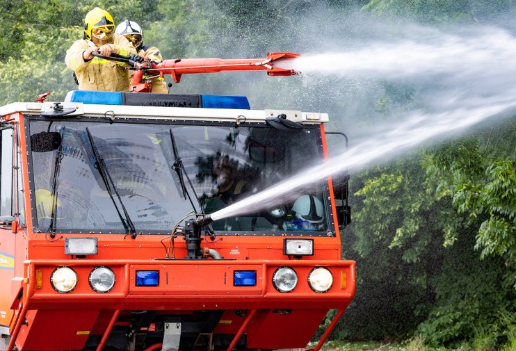 Ministry of Defence (MOD) pic of personnel from the Armed Forces of Ukraine, seen here receiving training on specialist firefighting vehicles at RAF Wittering. The UK will provide 17 specialist firefighting vehicles to Ukraine's fire and rescue services, primarily sourced from the Royal Air Force and Defence Fire and Rescue, with one provided by the Welsh Assembly. Issue date: Friday July 7, 2023. PA Photo. See PA story POLITICS Ukraine FireEngines. Photo credit should read: Richard Beattie/UK MOD Crown copyright/PA Wire NOTE TO EDITORS: This handout photo may only be used in for editorial reporting purposes for the contemporaneous illustration of events, things or the people in the image or facts mentioned in the caption. Reuse of the picture may require further permission from the copyright holder.