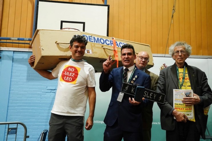 An anti-Ulez protest on stage after Conservative MP Steve Tuckwell won the Uxbridge and South Ruislip by-election. Photo: Jordan Pettitt/PA Wire