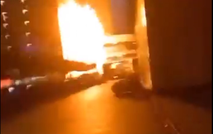 Screenshot from Twitter video showing the moment a drone explodes in the heart of Moscow.