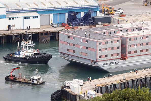 Migrant Barge Bibby Stockholm Arrives At Portland Harbour