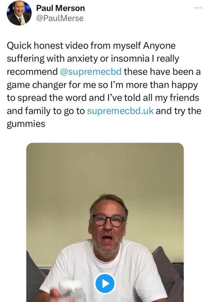 Ex-England footballer Merson has tagged Supreme CBD in more than 90 tweets since June 2023, many of them praising the product