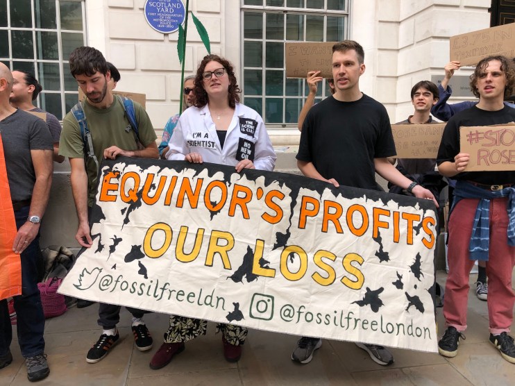 The government is facing fresh criticism over its oil and gas policies from Aviva, having already contested with protests over its approval of Rosebank (Credit: Fossil Free London)
