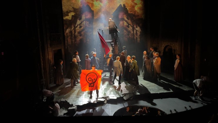 Just Stop Oil activists disrupting a performance of Les Miserables at the Sondheim Theatre in London's West End. Picture date: Wednesday October 4, 2023. . Photo credit should read: Just Stop Oil/PA Wire