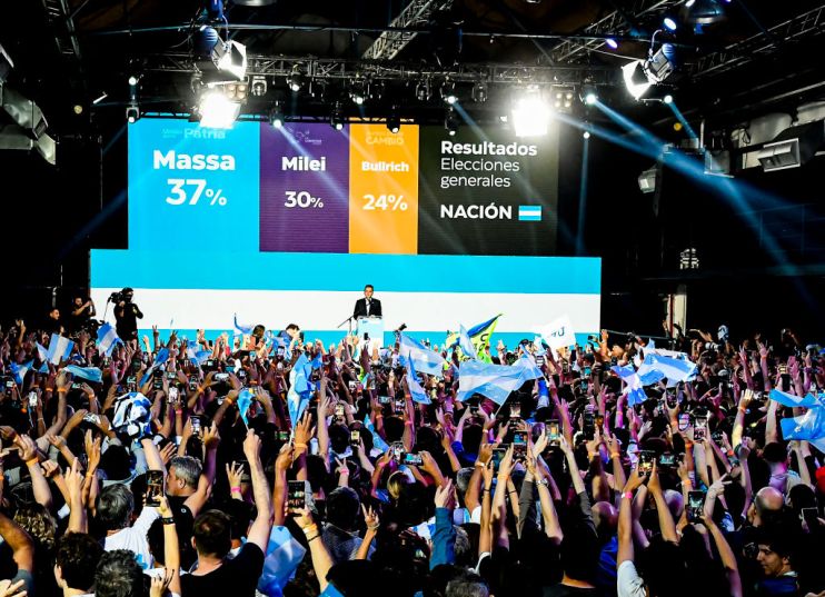 Presidential candidate for Union Por La Patria Sergio Massa speaks to supporters after the general elections on October 22, 2023 in Buenos Aires, Argentina. According to official results, presidential candidate for Union Por La Patria Sergio Massa has 36,63% of the votes and presidential candidate for La Libertad Avanza Javier Milei 30,02%, with 97,76% of the voting counted. Massa and Milei will compete in the presidential runoff on November 19, 2023. The presidential election to succeed Alberto Fernandez comes as Argentinians have been hard hit by an annual 124% inflation and over 40% of the population is considered to be living in poverty. (Photo by Marcelo Endelli/Getty Images)
