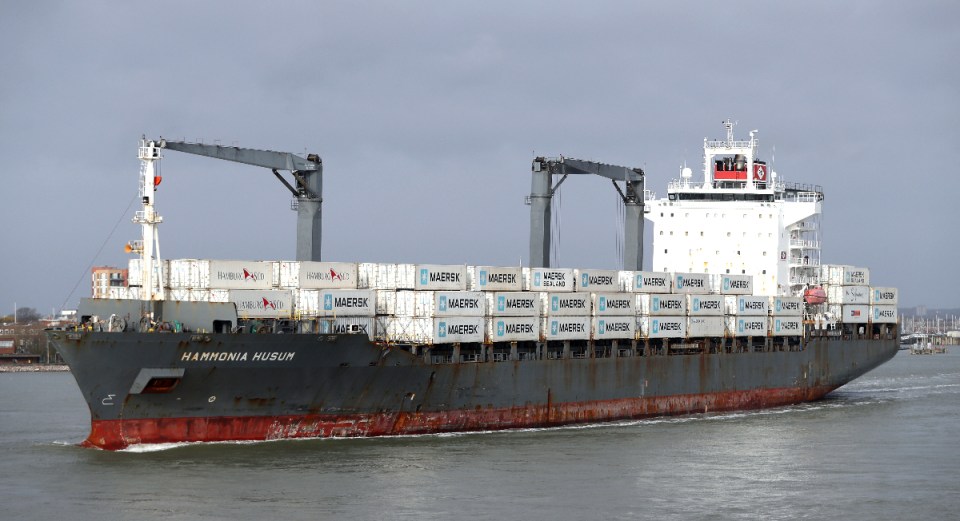  Maersk containers onboard the container ship Hammonia Husum, as it leaves Portsmouth harbour.
