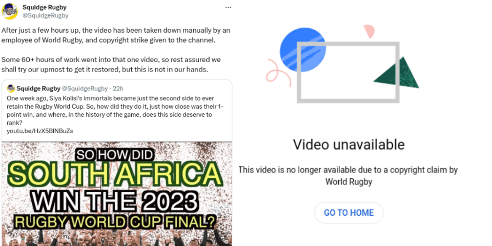 The man behind one of rugby&rsquo;s biggest fan video content producers, Squidge Rugby, has hit out at World Rugby after his satirical take on the World Cup final became the latest bit of content relating to the tournament to be struck down by copyright claims.