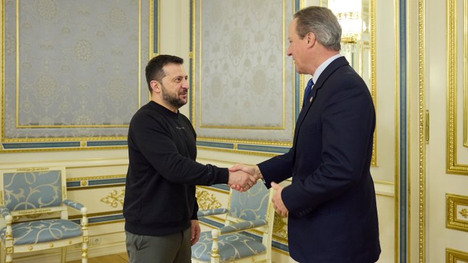 Photo issued by the Ukrainian Presidential Press Office of the new Foreign Secretary Lord David Cameron meeting with Ukrainian President Volodymyr Zelensky in Kyiv, Ukraine. (PA Wire)
