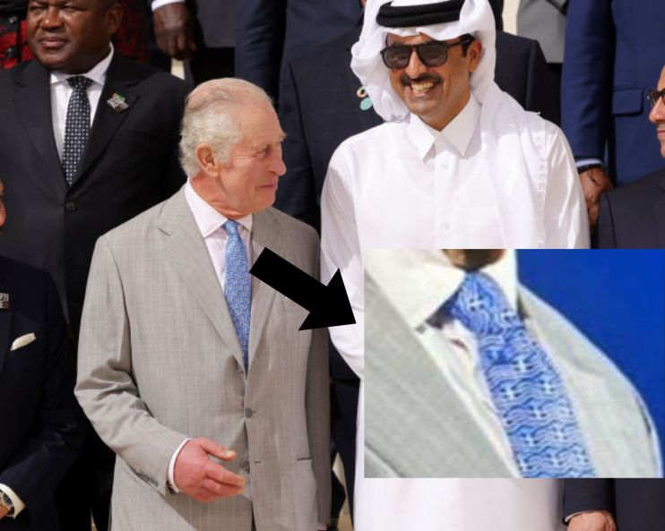 King Charles III and Qatari Emir Sheikh Tamim bin Hamad Al Thani at COP28. Inset, a close up of the King's Greek flag tie. (Photo by Sean Gallup/Getty Images)