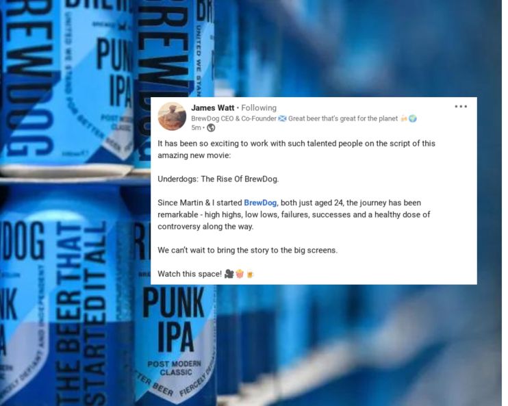 Stacks of BrewDog beer cans at their brewery, with a screenshot of James Watt's LinkedIn post inset. (Photo by Jeff J Mitchell/Getty Images)