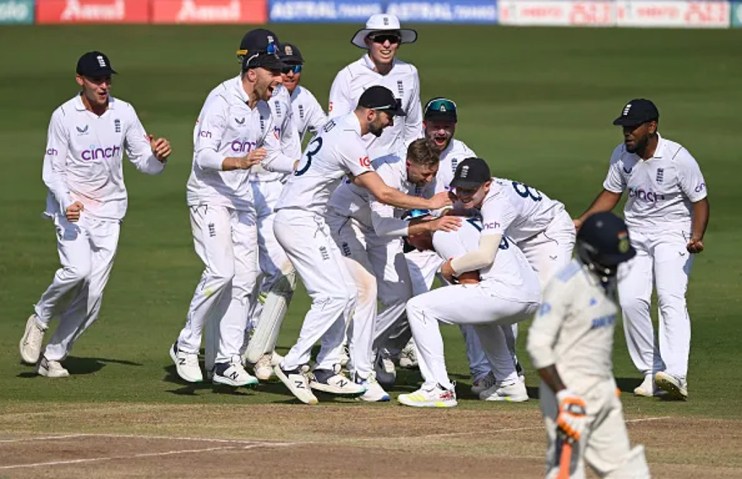 Should Bazball be brought to the masses? England captain Ben Stokes (r) celebrates with team mates after his throw had run out India batsman Ravindra Jadeja (not pictured) during day four of the 1st Test Match between India and England at Rajiv Gandhi International Stadium on January 28, 2024 in Hyderabad, India. (Photo by Stu Forster/Getty Images)