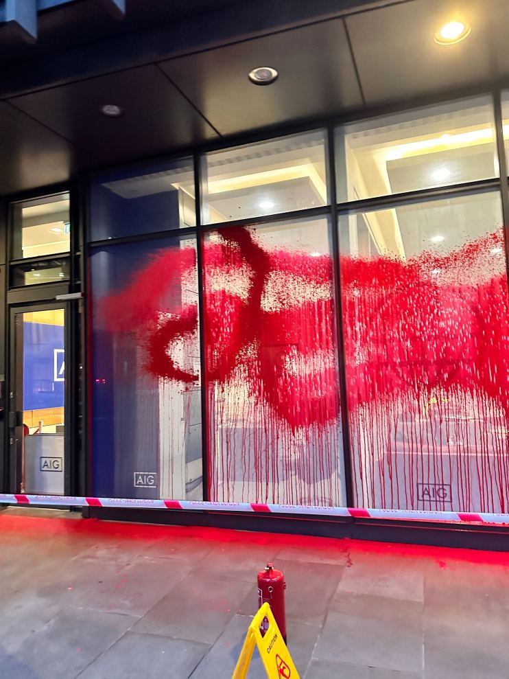 The Square Mile is set to play host to a raft of climate and pro-Palestine protests today, with one insurer's building already covered in red paint.