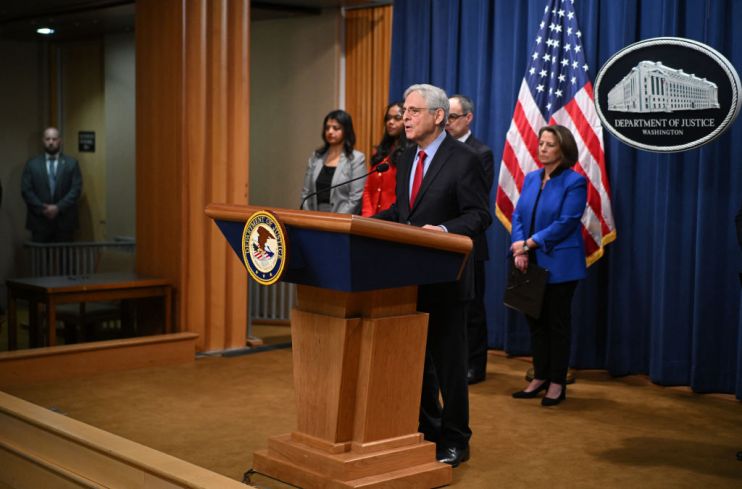 US Attorney General Merrick Garland announces an antitrust lawsuit against Apple, at the Justice Department in Washington, DC, on March 21, 2024. (Photo by Mandel NGAN / AFP) (Photo by MANDEL NGAN/AFP via Getty Images)