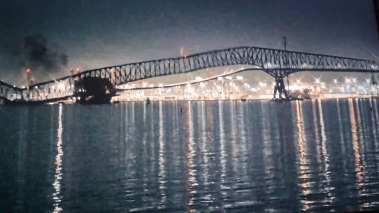 Francis Scott Key Bridge in Baltimore being hit by the cargo ship