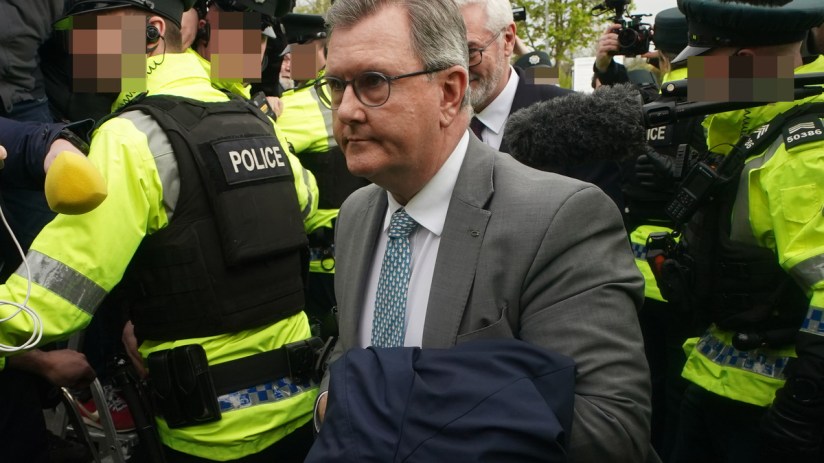 Former DUP leader Sir Jeffrey Donaldson has been released on continuing bail after he appeared in court to face a number of historical sex charges, including one count of rape. Photo: PA
