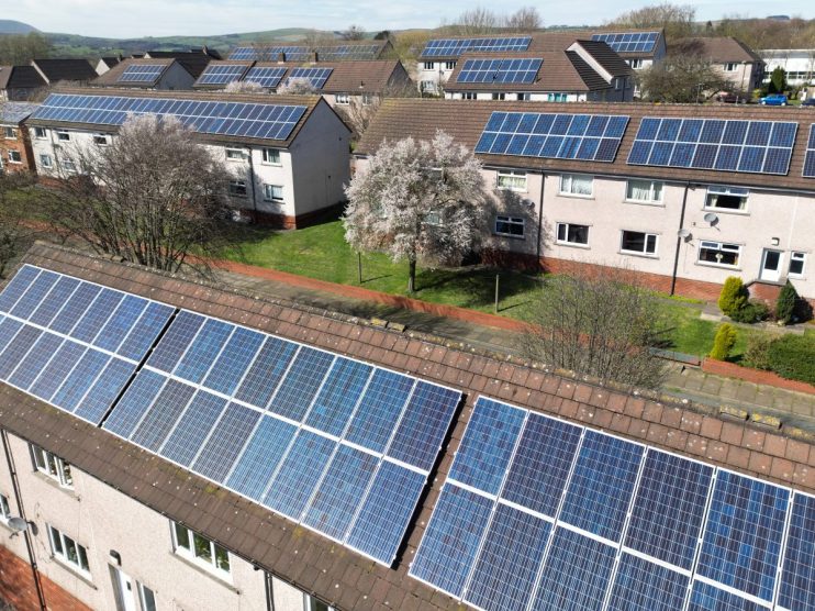 COLNE, ENGLAND - APRIL 04: An aerial view of solar panels on the roofs of homes on April 04, 2023 in Colne, England. In a foreword for a new collection of essays on housing, Secretary of State of Levelling Up, Housing and Communities Michael Gove writes "That the current housing model - from supply to standards and the mortgage market - is broken, we can all agree." He insisted his party is committed to increasing housing supply, in line with their 2019 manifesto, but such plans have been stalled by backlash from local councils in some parts of the country. (Photo by Christopher Furlong/Getty Images)