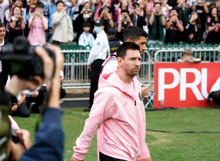 HONG KONG, CHINA &ndash; FEBRUARY 04: Lionel Messi and Luis Suarez of Inter Miami CF walk on the field prior to the friendly match between Hong Kong Team and Inter Miami CF at Hong Kong Stadium on February 4, 2024 in Hong Kong, China. (Photo by Hou Yu/China News Service/VCG via Getty Images)