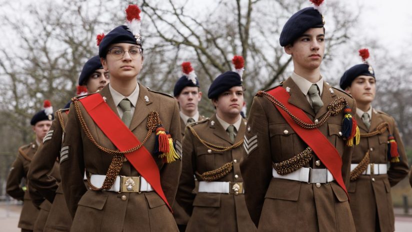 LONDON, ENGLAND - MARCH 11: Cadets line up as they attend a Commonwealth Day Ceremony at Memorial Gate on March 11, 2024 in London, England. Government representatives and organisations from across the Commonwealth attended a ceremony preceding the annual Commonwealth Day service. They laid wreaths to honour the five million men and women from Africa, the Caribbean, and the Indian subcontinent who volunteered to serve with the Armed Forces during the First and Second World Wars. (Photo by Dan Kitwood/Getty Images)