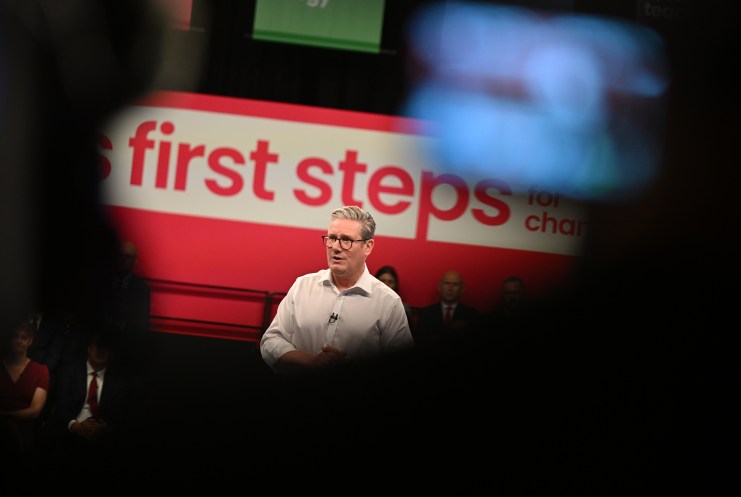PURFLEET, UNITED KINGDOM - MAY 16: Labour leader Sir Keir Starmer speaks during an event to launch Labour's election pledges at The Backstage Centre on May 16, 2024 in Purfleet, United Kingdom. Labour Leader Keir Starmer pledges to deliver economic stability, cut NHS waiting times, launch a new Border Security Command, set up Great British Energy and recruit 6,500 new teachers if Labour win the next General Election. (Photo by Leon Neal/Getty Images)