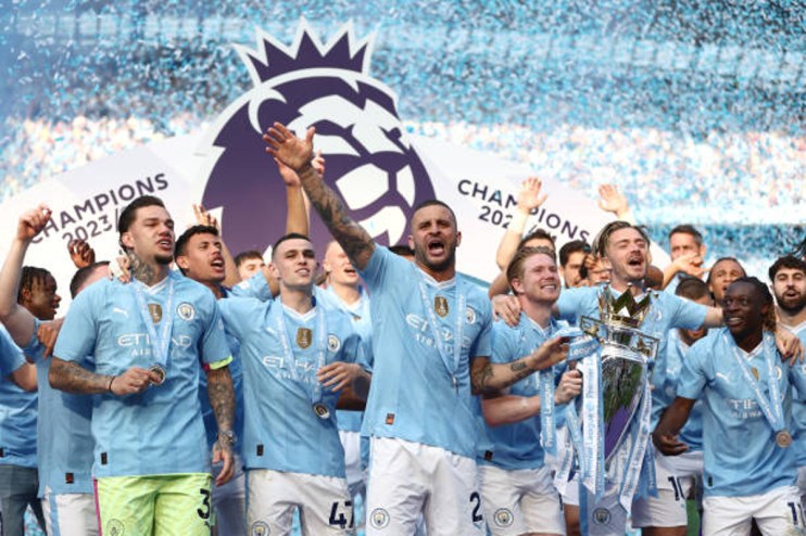 Blue Moon rang around the Etihad yesterday evening after Manchester City won an unprecedented fourth consecutive Premier League title. (Photo by Naomi Baker/Getty Images)