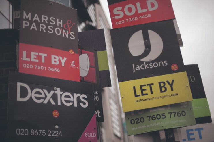 For sale, sold and let by estate agent signs, including Dexters