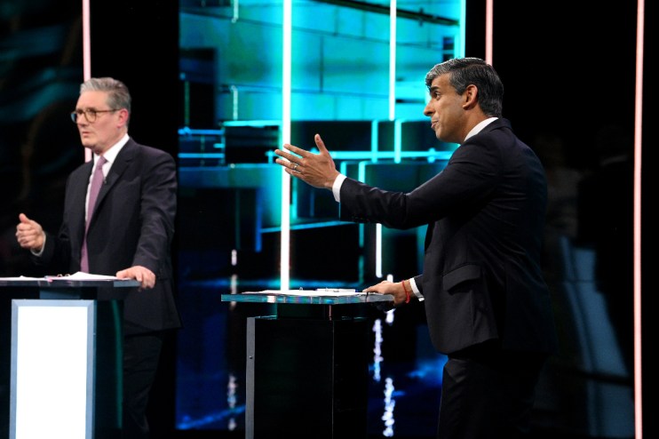 Left, Keir Starmer, and right, Rishi Sunak, during the ITV leaders debate. Photo: ITV/PA