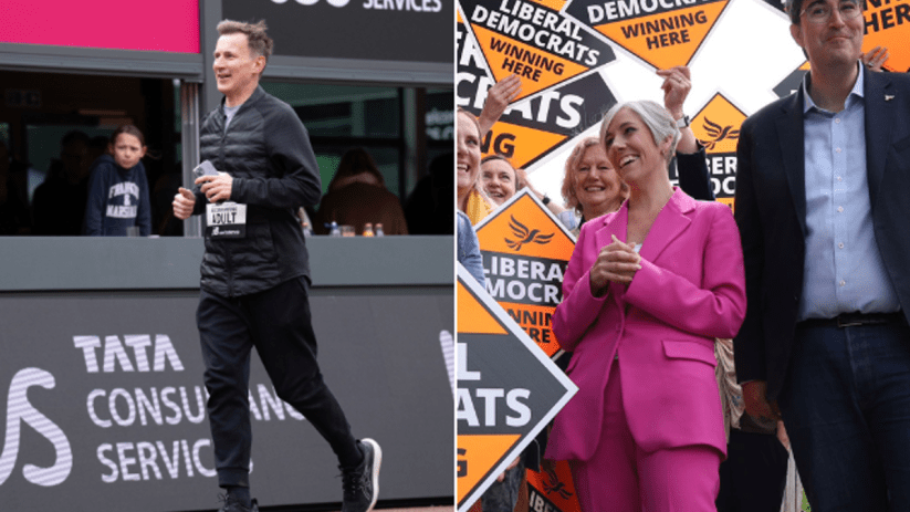 From left, Jeremy Hunt, Daisy Cooper and Lib Dem candidate in Godalming and Ash, Paul Follows. Photo: PA