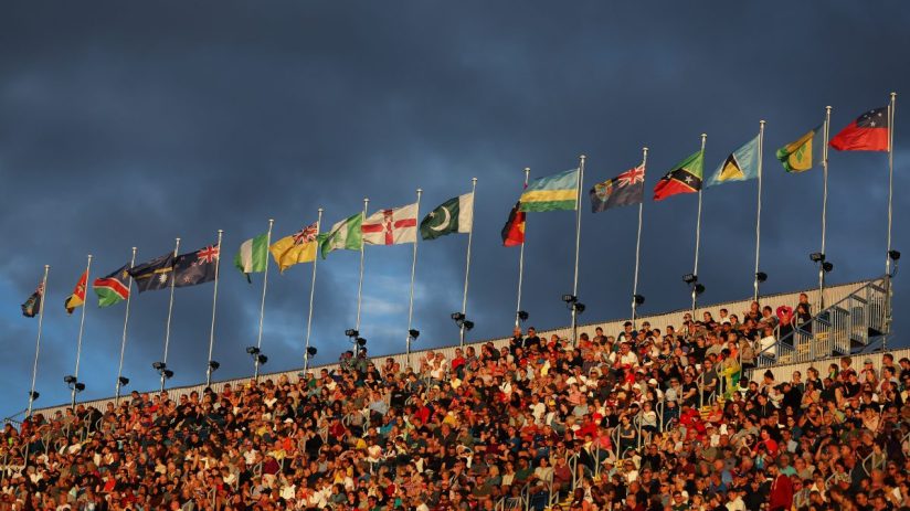 BIRMINGHAM, ENGLAND - AUGUST 02: Flags of Commonwealth countries are seen during the Athletics on day five of the Birmingham 2022 Commonwealth Games at Alexander Stadium on August 02, 2022 in the Birmingham, England. (Photo by Matthew Lewis/Getty Images)