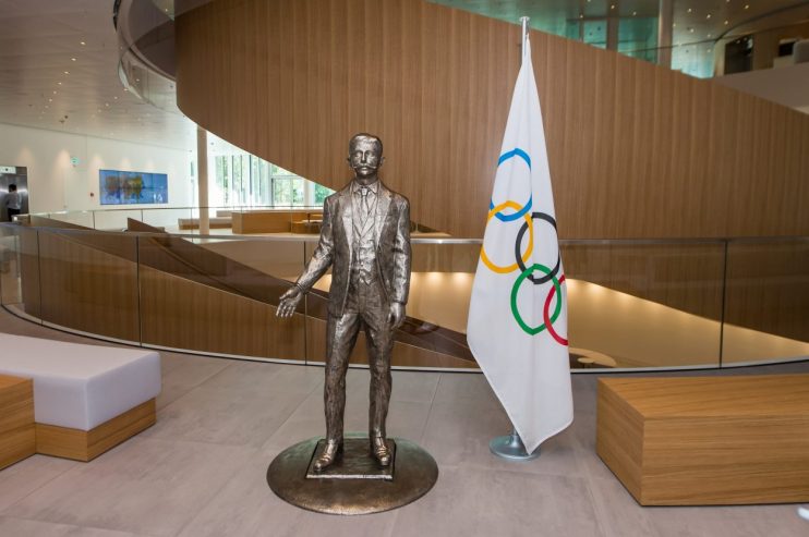LAUSANNE, SWITZERLAND - JUNE 18: Statue of Pierre de Coubertin, founder of the of the IOC is being displayed at the entrance of the new Olympic House of International Olympic Committee on June 18, 2019 in Lausanne, Switzerland. (Photo by Robert Hradil/Getty Images)