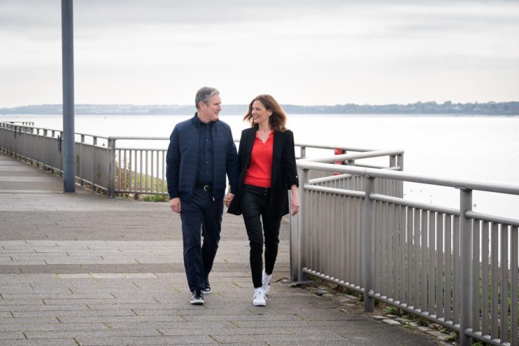 LIVERPOOL, ENGLAND - OCTOBER 9: Labour leader Sir Keir Starmer and his wife Victoria take a walk by the River Mersey in Liverpool during the Labour Party Conference on October 9, 2023 in Liverpool, England. Tomorrow he will deliver his keynote speech to delegates. (Photo by Stefan Rousseau-WPA Pool/Getty Images)