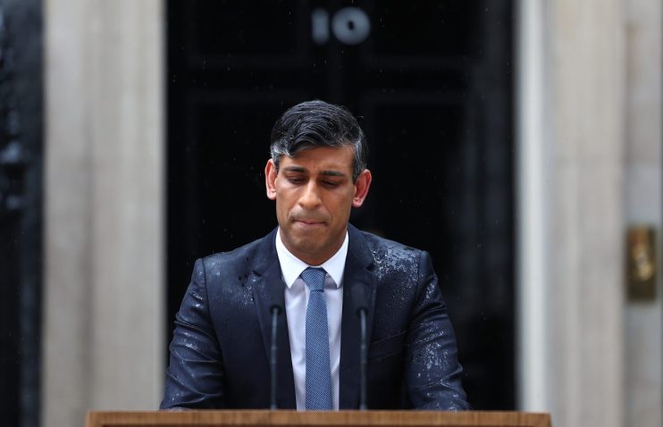 LONDON, ENGLAND - MAY 22: Britain's Prime Minister Rishi Sunak makes a statement regarding calling a general election, at Downing Street on May 22, 2024 in London, England. After much speculation across the UK media today, Sunak announces the UK General Election will be held on July 4th. (Photo by Peter Nicholls/Getty Images)