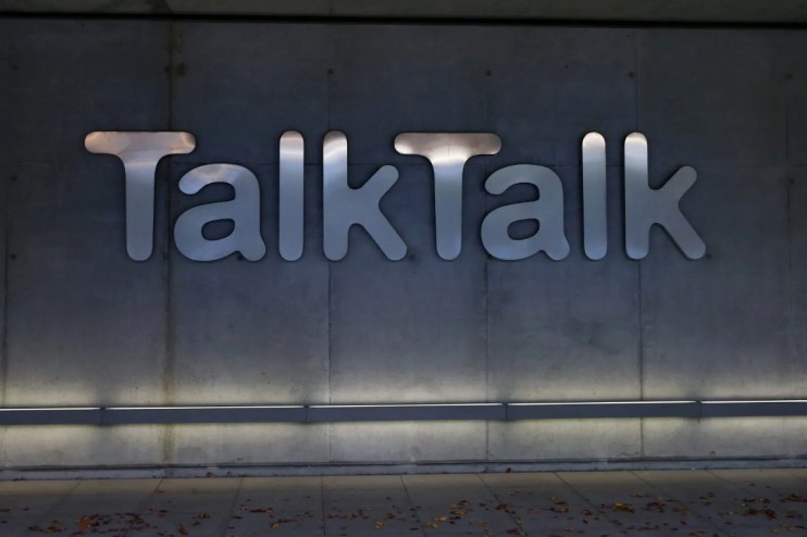 Talktalk's logo lit up on a concrete wall