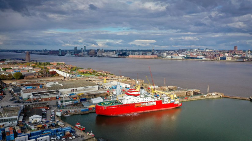The RRS Sir David Attenborough research vessel sits in the dock at Cammell Laird shipyard on October 14, 2020, in Liverpool. (Photo by Christopher Furlong/Getty Images)