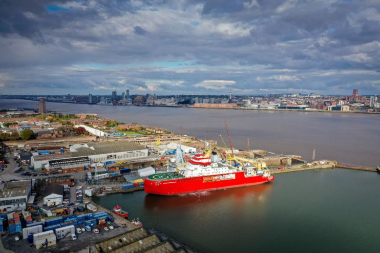 The RRS Sir David Attenborough research vessel sits in the dock at Cammell Laird shipyard on October 14, 2020, in Liverpool. (Photo by Christopher Furlong/Getty Images)