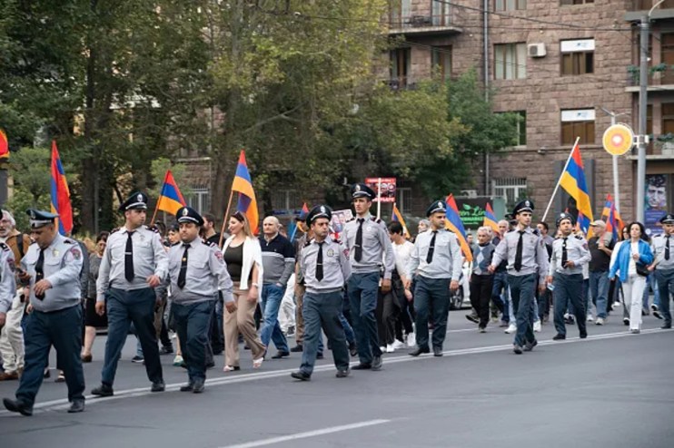 YEREVAN, ARMENIA - SEPTEMBER 30: A demonstration to denounce the "ethnic cleansing" of Nagorno-Karabakh and demand the liberation of the former leaders of the separatist enclave who were arrested on September 30, 2023 in Yerevan, Armenia. An estimated half of the 150,000 residents of Nagorno-Karabakh, a region of Azerbaijan controlled by ethnic Armenians for three decades, have fled for Armenia since Azerbaijani forces seized full control of the enclave (Photo by Astrig Agopian/Getty Images)