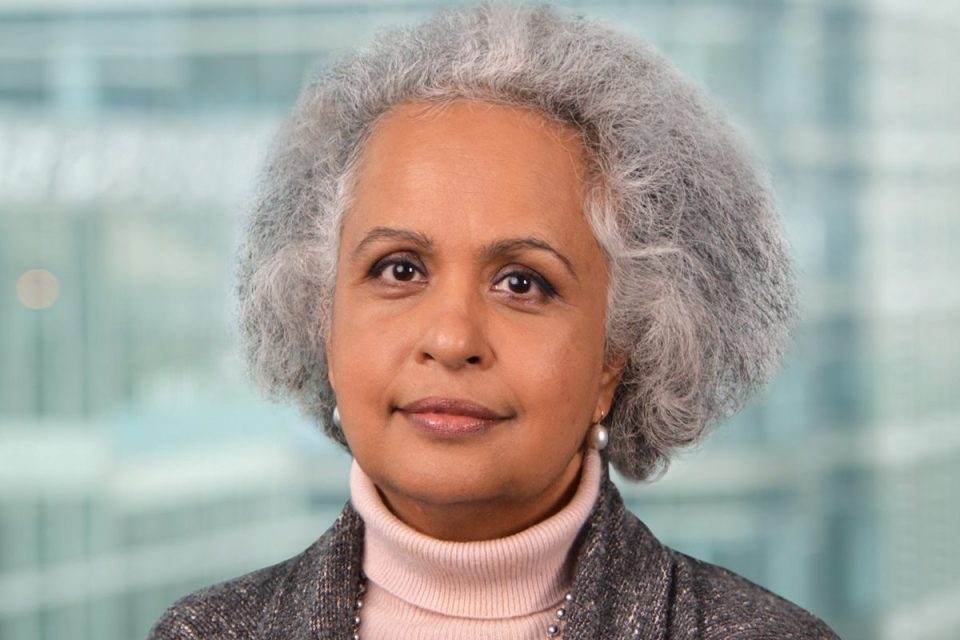 Pam Kaur, HSBCs finance chief, in a professional headshot. She has grey hair and is wearing a pink turtleneck.