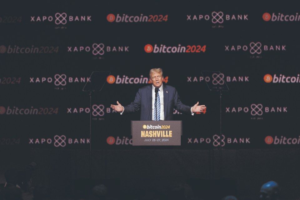 Former US President Donald Trump speaks at the Bitcoin 2024 conference in Nashville, Tennessee, US, on Saturday, July 27, 2024. . Photographer: Brett Carlsen/Bloomberg via Getty Images