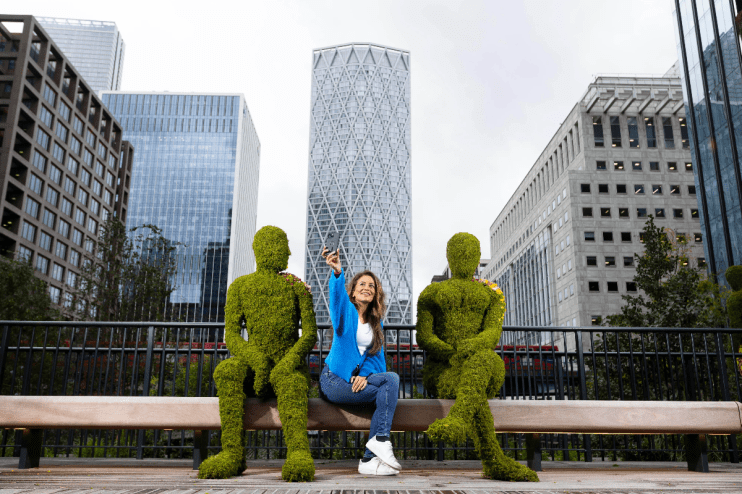 Alpa explores Eden Dock, a first of its kind urban space, as it is unveiled in Canary Wharf, London, as part of a partnership with the Eden Project, the charity&rsquo;s first city venture. Issue Date: Wednesday October 2, 2024. PA Photo. Located in the heart of the Wharf, Eden Dock features floating ecology islands, marine habits and 21 mossy sculptures dotted around the dock. Eden Dock has been created as a blueprint for biodiversity and habitat gain for cities around the world. Photo credit should read: David Parry/ PA Media Assignment