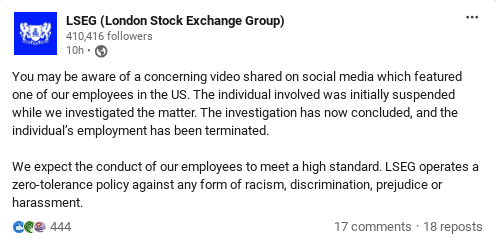 Screenshot of the post from the London Stock Exchange Group on LinkedIn