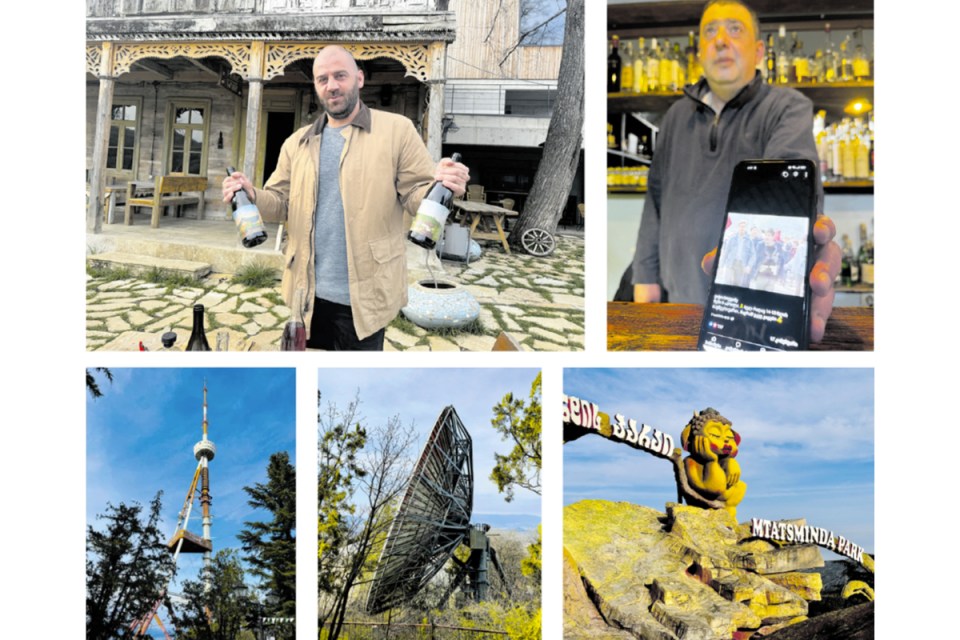Left to right, from top: Tanini winery outside owner Revaz Vasadze with bottles of his skin-contact wine; Tbilisi's Chacha Corner owner Vato Botsvadz with a picture of himself as a child at the 1989 protests, where 21 were killed by Soviet soldiers; Rusting comms equipment at Mtatsminda Park, Tbilisi
