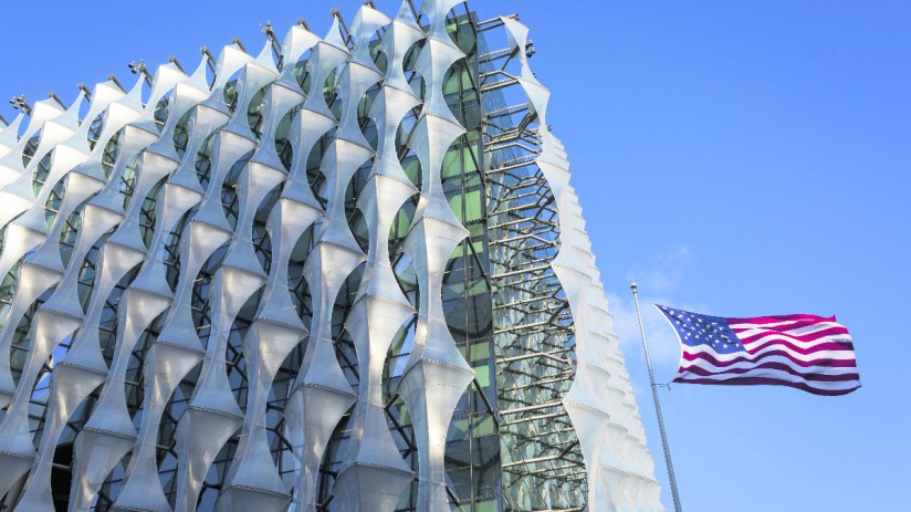 The Stars and Stripes flies over the US Embassy at Nine Elms in south London, (Photo by Richard Baker / In Pictures via Getty Images)