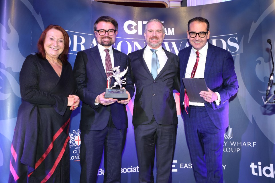 Yvonne Thomas, CEO of the Clink Charity and Alastair Haslewood of Clink Events alongside Andy Melia, Director of Heart of the City, and Oli Barrett. Morning Wire Dragon Awards 2024 at Mansion House. (Credit: Gretel Ensignia) 